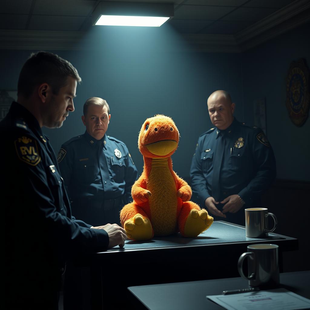 A hyper-realistic scene set in a dimly lit police station featuring a fluffy T-Rex doll that resembles a Sesame Street character