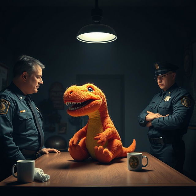 A hyper-realistic scene set in a dimly lit police station featuring a fluffy T-Rex doll that resembles a Sesame Street character