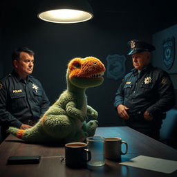 A hyper-realistic scene set in a dimly lit police station featuring a fluffy T-Rex doll that resembles a Sesame Street character