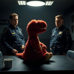 A hyper-realistic scene set in a dimly lit police station featuring a fluffy T-Rex doll that resembles a Sesame Street character