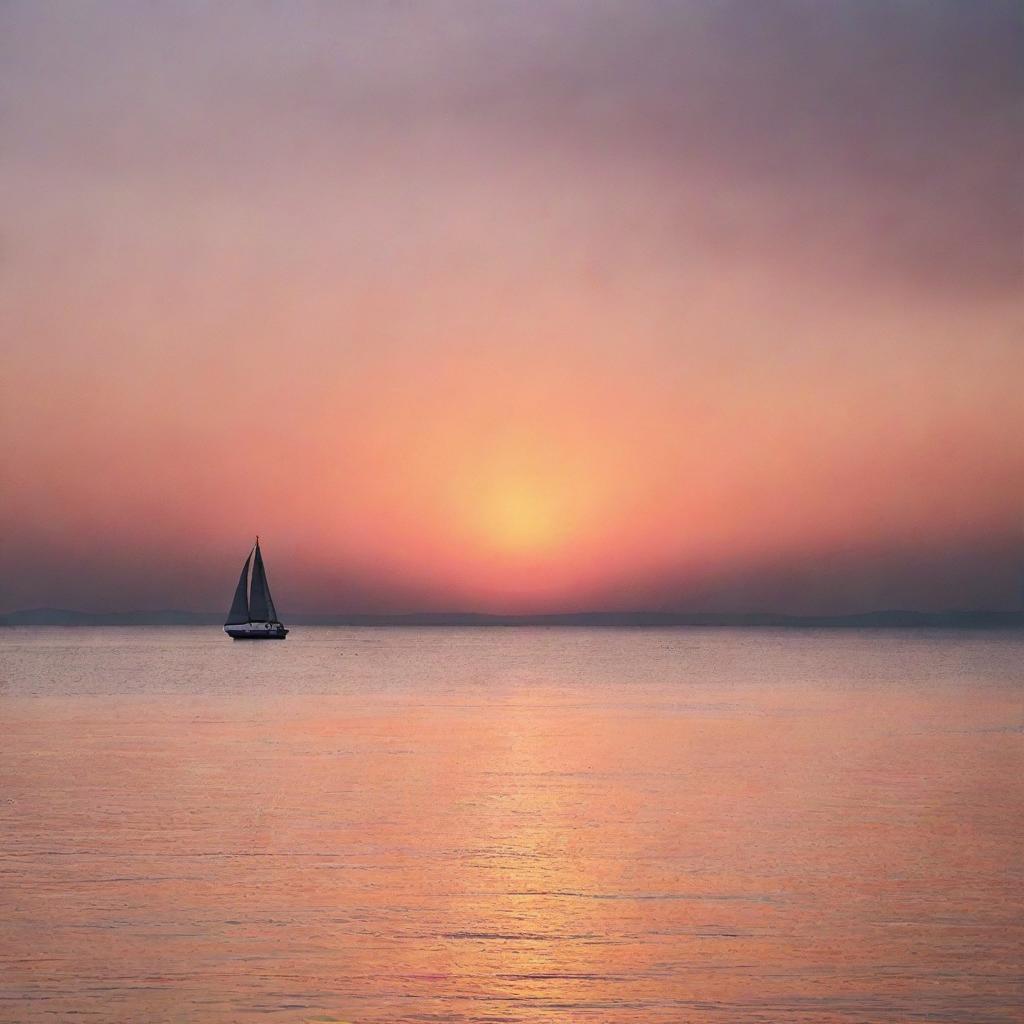 A beautiful view of a sunset over a tranquil sea, with a distant silhouette of a lone sailboat against the radiant hues of orange and pink in the sky.