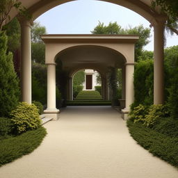 A large, exquisite driveway stretching from an elegant portico to the street, built with superior materials and lined with ornamental plants.