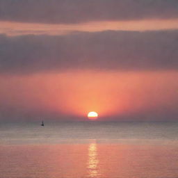 A beautiful view of a sunset over a tranquil sea, with a distant silhouette of a lone sailboat against the radiant hues of orange and pink in the sky.