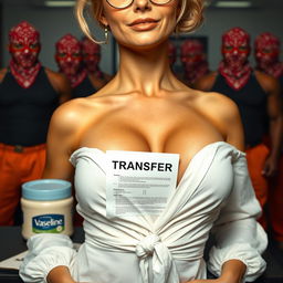 An extreme close-up on the chest of a sexy woman inspired by Barbara Eden, showcasing her blonde hair styled in a bun and small glasses