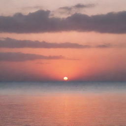 A beautiful view of a sunset over a tranquil sea, with a distant silhouette of a lone sailboat against the radiant hues of orange and pink in the sky.