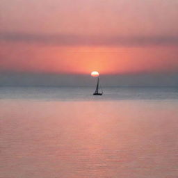 A beautiful view of a sunset over a tranquil sea, with a distant silhouette of a lone sailboat against the radiant hues of orange and pink in the sky.