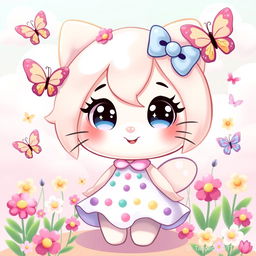 A cute, anthropomorphic character inspired by Hello Kitty, designed with a playful, soft aesthetic