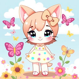 A cute, anthropomorphic character inspired by Hello Kitty, designed with a playful, soft aesthetic