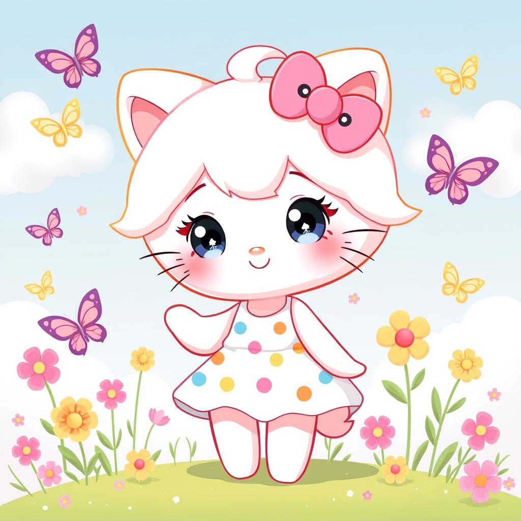 A cute, anthropomorphic character inspired by Hello Kitty, designed with a playful, soft aesthetic