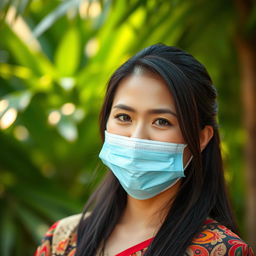 A portrait of an Indonesian woman wearing a stylish medical mask, showcasing her graceful features