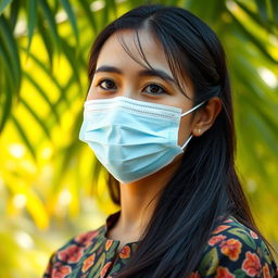 A portrait of an Indonesian woman wearing a stylish medical mask, showcasing her graceful features