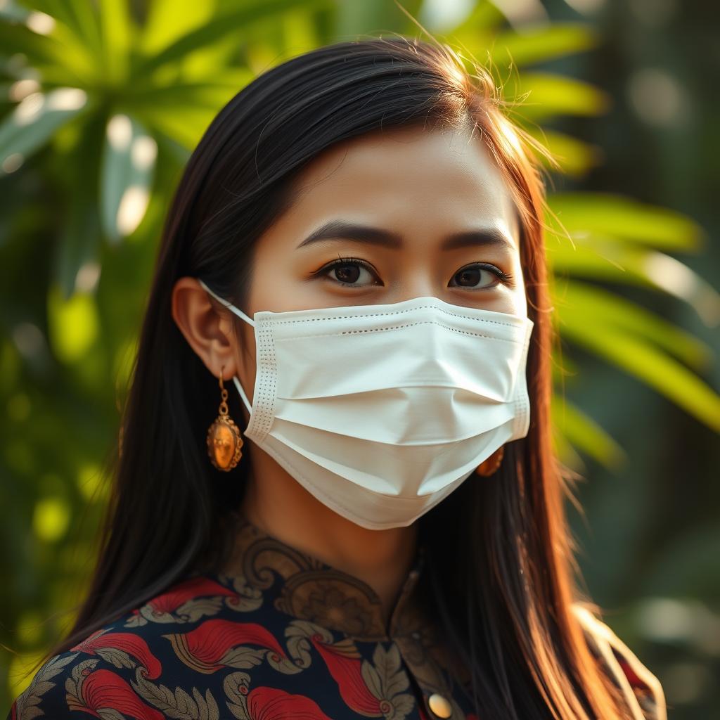 A portrait of an Indonesian woman wearing a stylish medical mask, showcasing her graceful features