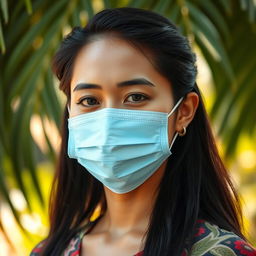 A portrait of an Indonesian woman wearing a stylish medical mask, showcasing her graceful features