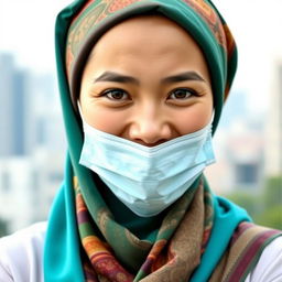 A portrait of an Indonesian woman wearing a hijab, showcasing her beautiful traditional attire