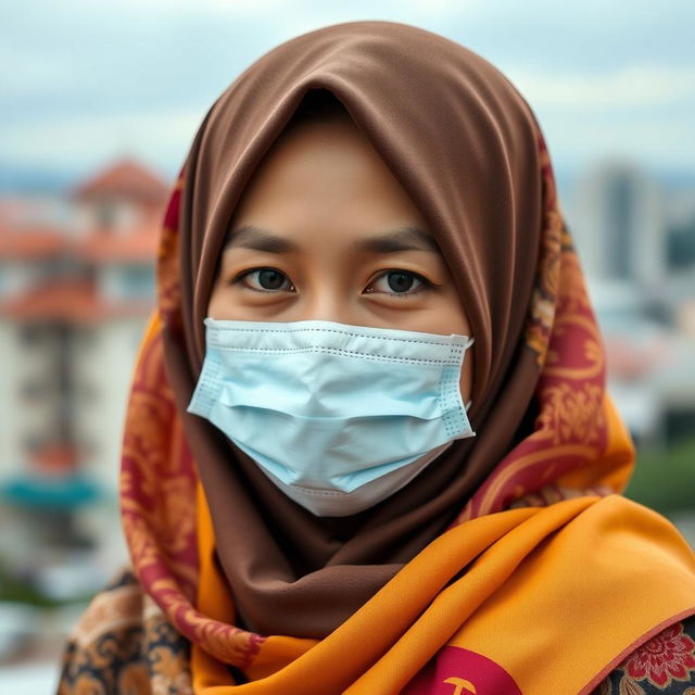 A portrait of an Indonesian woman wearing a hijab, showcasing her beautiful traditional attire