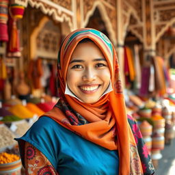 A beautiful Indonesian woman wearing a colorful hijab and a KF94 mask, standing outdoors in a vibrant market setting filled with various spices and textiles