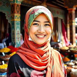 A beautiful Indonesian woman wearing a colorful hijab and a KF94 mask, standing outdoors in a vibrant market setting filled with various spices and textiles