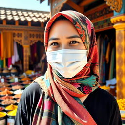 A beautiful Indonesian woman wearing a colorful hijab and a KF94 mask, standing outdoors in a vibrant market setting filled with various spices and textiles