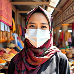 A beautiful Indonesian woman wearing a colorful hijab and a KF94 mask, standing outdoors in a vibrant market setting filled with various spices and textiles