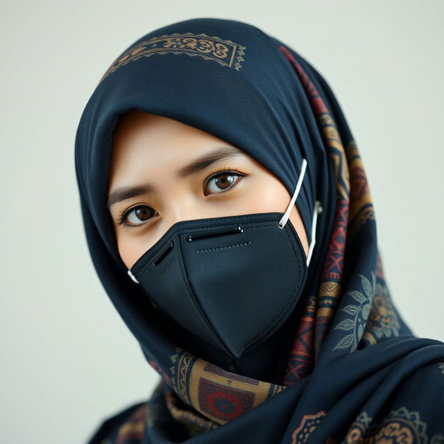 An Indonesian woman wearing a stylish hijab and a KN95 mask, showcasing her cultural beauty