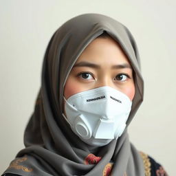 An Indonesian woman wearing a stylish hijab and a KN95 mask, showcasing her cultural beauty