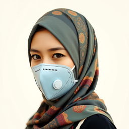 An Indonesian woman wearing a stylish hijab and a KN95 mask, showcasing her cultural beauty