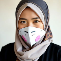 An Indonesian woman wearing a stylish hijab and a KN95 mask, showcasing her cultural beauty