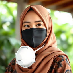 An Indonesian woman wearing a stylish hijab and an N95 mask, highlighting her cultural beauty and modern health awareness