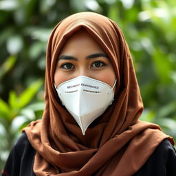 An Indonesian woman wearing a stylish hijab and an N95 mask, highlighting her cultural beauty and modern health awareness