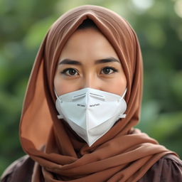 An Indonesian woman wearing a stylish hijab and an N95 mask, highlighting her cultural beauty and modern health awareness