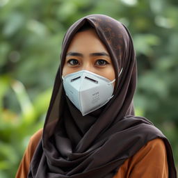 An Indonesian woman wearing a stylish hijab and an N95 mask, highlighting her cultural beauty and modern health awareness