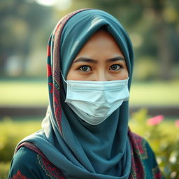 A beautiful Indonesian woman wearing a colorful hijab and a medical mask