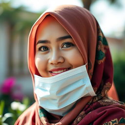 A beautiful Indonesian woman wearing a colorful hijab and a medical mask