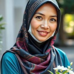 A beautiful Indonesian woman wearing a colorful hijab and a medical mask