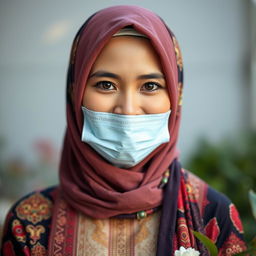 A beautiful Indonesian woman wearing a colorful hijab and a medical mask