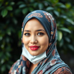 A stunning Indonesian woman adorned with a beautifully patterned hijab and wearing a medical mask