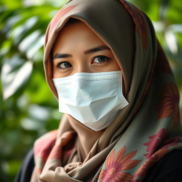 A stunning Indonesian woman adorned with a beautifully patterned hijab and wearing a medical mask