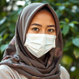 A stunning Indonesian woman adorned with a beautifully patterned hijab and wearing a medical mask