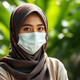 A stunning Indonesian woman adorned with a beautifully patterned hijab and wearing a medical mask