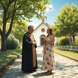 A serene scene depicting a priest and a woman engaged in a meaningful conversation outside a quaint church