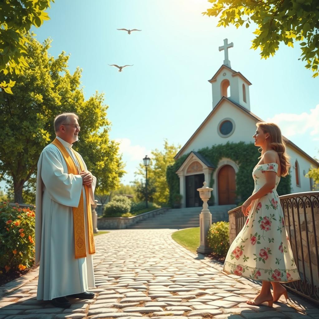 A serene scene depicting a priest and a woman engaged in a meaningful conversation outside a quaint church