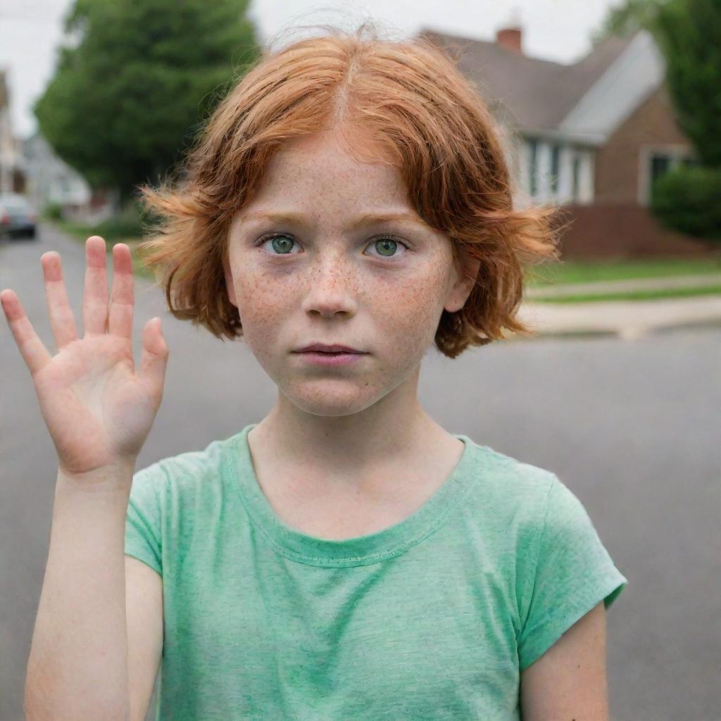 A 10-year-old red-haired girl with green eyes and noticeable freckles, sporting short hair, appears innocent as she raises her hand in confusion. In the background is a quaint neighborhood.