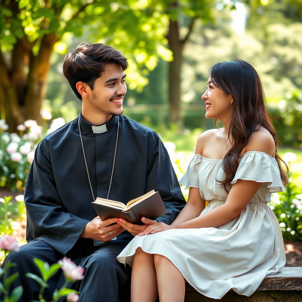 A young priest and a young woman sitting together in a serene environment, surrounded by greenery and sunlight filtering through trees