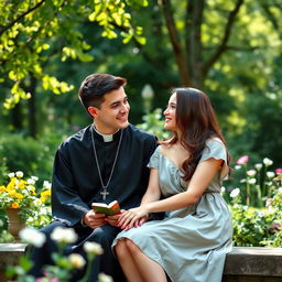 A young priest and a young woman sitting together in a serene environment, surrounded by greenery and sunlight filtering through trees