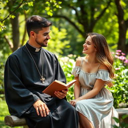 A young priest and a young woman sitting together in a serene environment, surrounded by greenery and sunlight filtering through trees