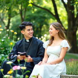 A young priest and a young woman sitting together in a serene environment, surrounded by greenery and sunlight filtering through trees