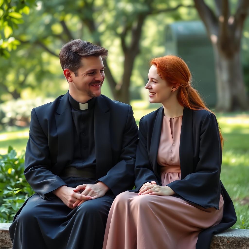 A young priest and a young red-haired woman sitting together in a serene outdoor setting