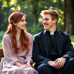 A young priest and a young red-haired woman sitting together in a serene outdoor setting