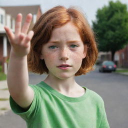 A 10-year-old red-haired girl with green eyes and noticeable freckles, sporting short hair, appears innocent as she raises her hand in confusion. In the background is a quaint neighborhood.