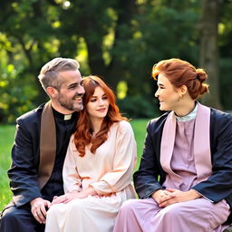 A young priest and a young red-haired woman sitting together in a serene outdoor setting